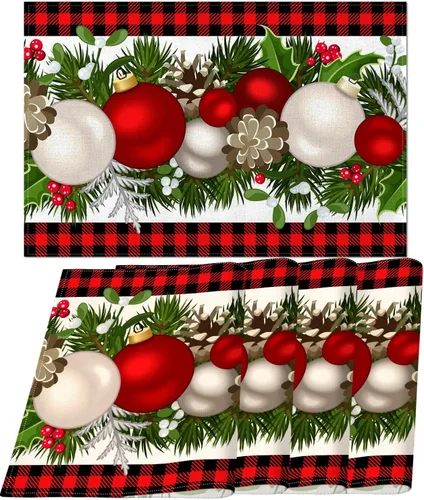 Vista 9 de Nepnuser Juego de 4 Manteles Individuales de Navidad a Cuadros Vichy y de Búfalo Rosa y Blanco, Decoración Navideña para Hogar Cocina Mesa de Comedor