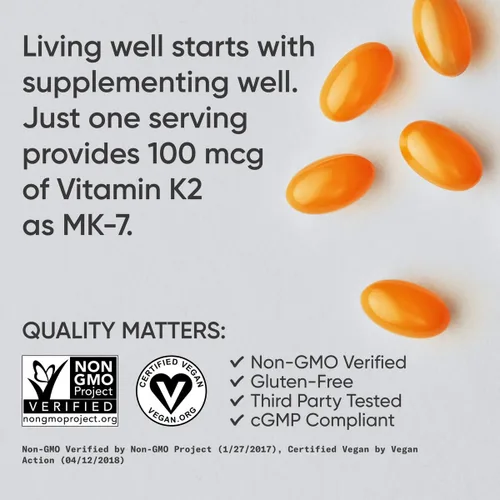 Vista 4 de 100 Microgramos de la vitamina K2 (como MK7) con aceite de coco orgánico para una mejor absorción, con MenaQ7 clínicamente probada y formulado sin