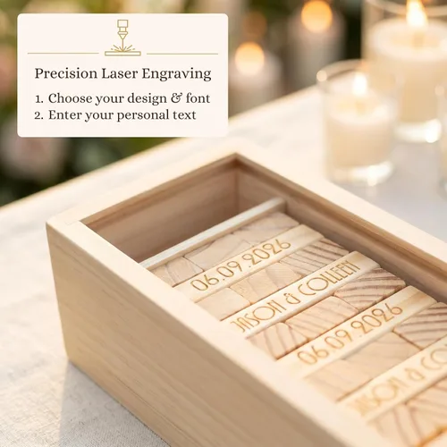 Vista 4 de WE Games Alternativa de libro de invitados de boda personalizado, caja de recuerdos de madera, 54 bloques, grabado personalizado