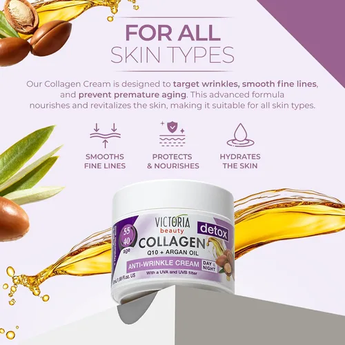 Vista 2 de Skin Care Detox Crema facial de día y noche hidratante antienvejecimiento con colágeno, ácido hialurónico, Q10, aceite de argán y un filtro UVA/UVB