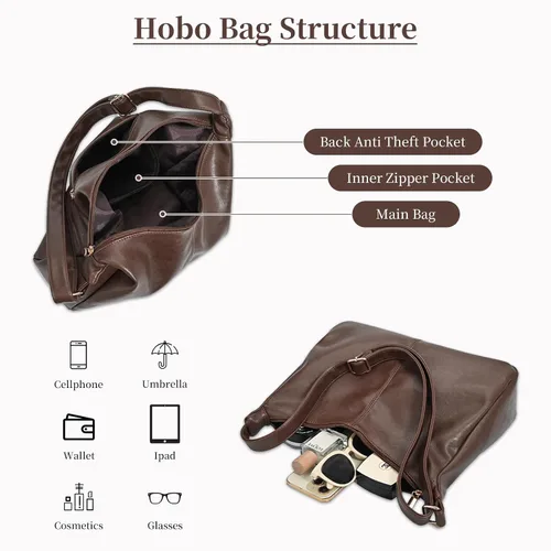 Vista 4 de Bolsos Hobo para mujer, bolsos cruzados de cuero vegano suave, bolso de hombro de cuero bolso de mano holgado