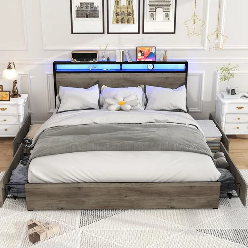 Vista 16 de Kiivakii Base de cama de tamaño matrimonial con cabecero, plataforma LED con 4 cajones de almacenamiento, estación de carga integrada, sin ruido