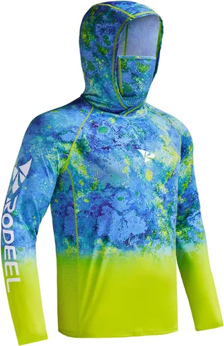 Vista 17 de Rodeel - Camisa de pesca para hombre con manga larga, UPF 50+, rendimiento de alto rendimiento para senderismo, con máscara, protección UV