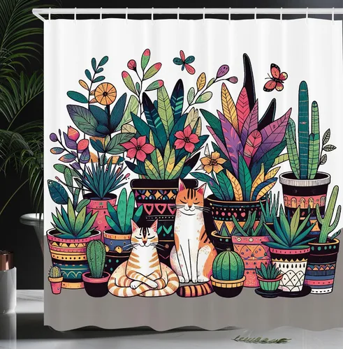 Vista 28 de Ambesonne Cortina de ducha de gato, diseño bohemio de estilo étnico con poses de gatitos sentados y acostados, juego de decoración de baño de tela