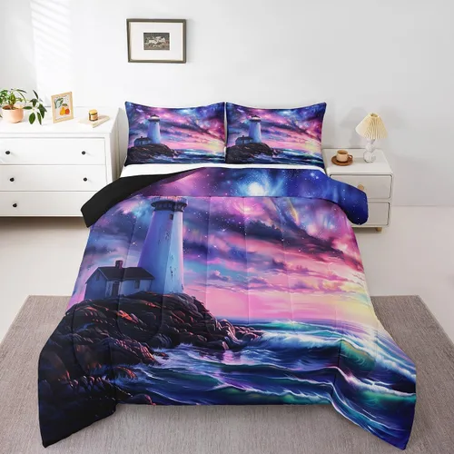 Vista 26 de Castle Fairy Juego de edredón de verano para niños, tamaño individual, diseño náutico reversible con diseño náutico de estrellas de mar, barco y Azul
