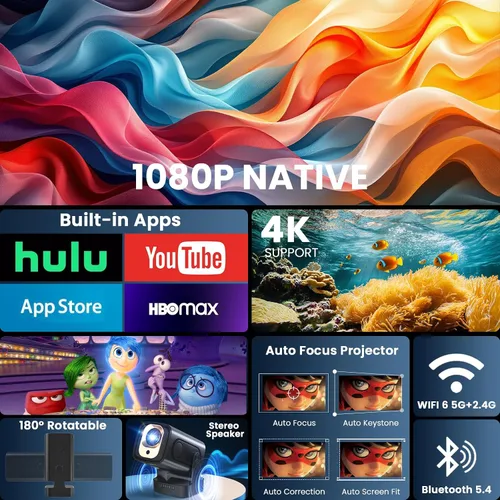 Vista 2 de Proyector [Enfoque automático y aplicaciones nativas y integradas de 1080P] Proyector 4K compatible con corrección automática WiFi 6 Bluetooth 5.4