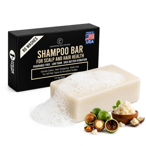 Vista 8 de Controlled Chaos Barra de champú sólido para cabello rizado para hombres con manteca de karité y aceite de babasú, hidratante y control