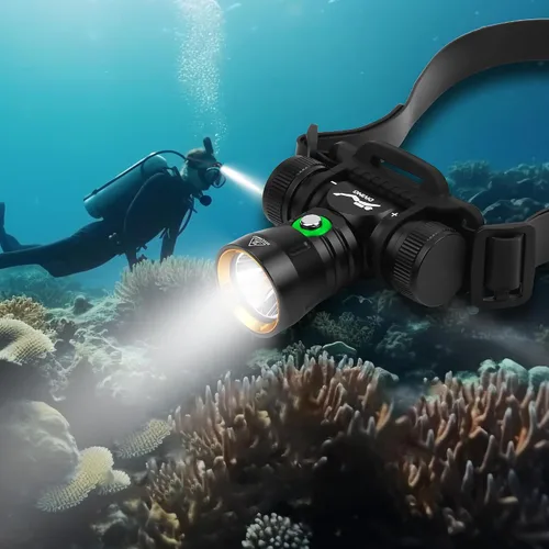 Vista 6 de WINDFIRE Faro Frontal de Buceo, Luz de Buceo Recargable, IPX8 Impermeable Faro Subacuático con 3 Modos e Indicador de Energía, Altos Lúmenes, Larga
