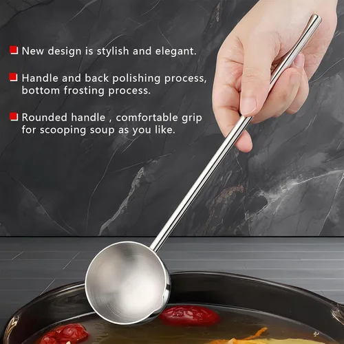 Vista 3 de Cucharón de sopa pequeño SUS304 de acero inoxidable con boquilla para verter 2 onzas, cucharones de salsa de mango largo, resistentes al calor