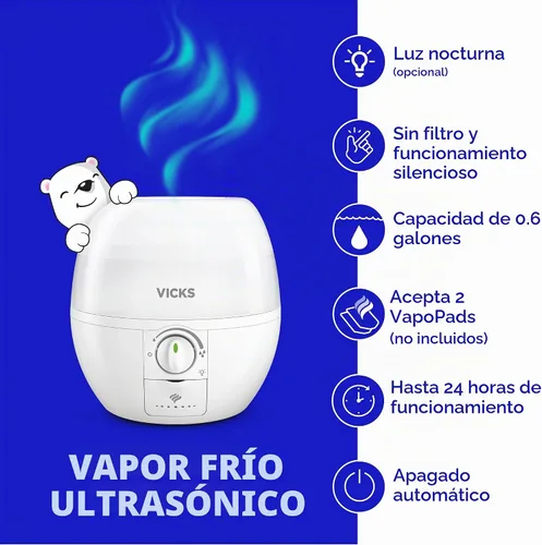 Vista 3 de Vicks Humidifier 3-in-1 SleepyTime Cool Mist Humidifier for Nursery, White