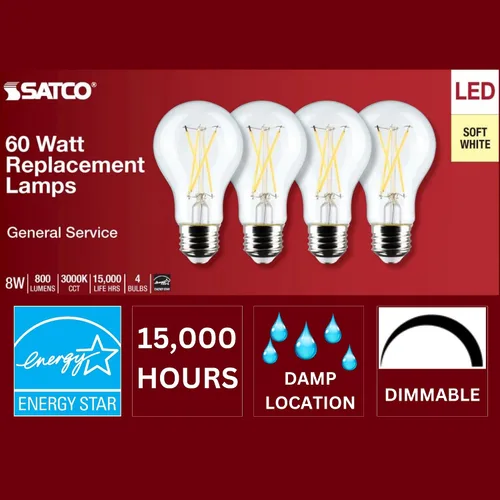Vista 7 de Satco S12463 8A19/CL/LED/E26/930/4PK/120V (24 bombillas LED)
