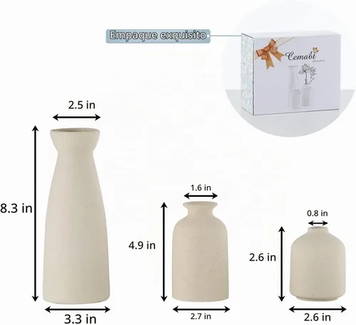 Vista 3 de CEMABT Juego de 3 jarrones de cerámica beige pequeños para decoración, decoración moderna boho de granja para el hogar, jarrón decorativo