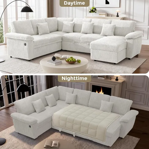 Vista 4 de Sofá cama modular de 110 pulgadas con cama extraíble, diván de almacenamiento y carga USB, sofás seccionales de pana de felpa en forma de U beige