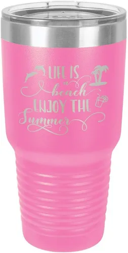 Vista 17 de La vida es una playa que disfruta el verano grabado de 30 oz vaso de acero con recubrimiento de polvo grabado láser taza de viaje de camello polar