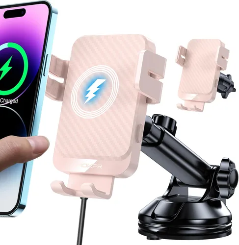 Vista 10 de Cargador inalámbrico para automóvil, MOKPR 15W carga rápida con sujeción automática, soporte de cargador para automóvil manos libres para tablero