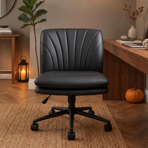 Vista 10 de NYPOT Silla de escritorio sin brazos con ruedas para sentarse entrecruzada, silla sin brazos anchos con patas cruzadas, taburete giratorio ajustable