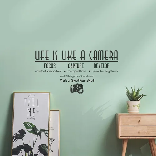 Vista 6 de Adhesivo decorativo para pared, diseño de la vida artística es como una cámara, vinilo con cita de fotografía, decoración de pared extraíble