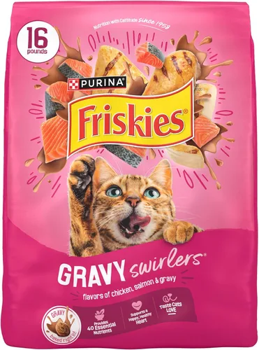Vista 14 de Purina Friskies - Remolinos de salsa con sabores de pollo, salmón y salsa, comida seca para gatos, bolsa de 3.15 libras
