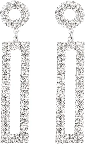 Vista 6 de Aretes Largos Colgantes de Pedrería Llamativos, Rectángulo Colgante con Tachuelas Circulares, Joyería de Moda Dorado