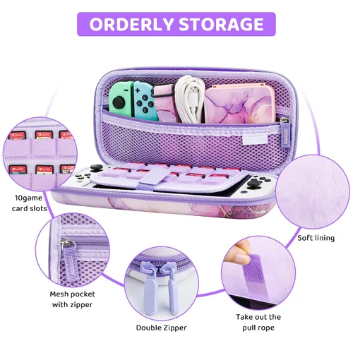 Vista 3 de RHOTALL Carrying Case for Nintendo SwitchOled, Portable Hard Shell Marble Travel Storage Case with 12 Slots Card Case, Screen Protector, Adjustable