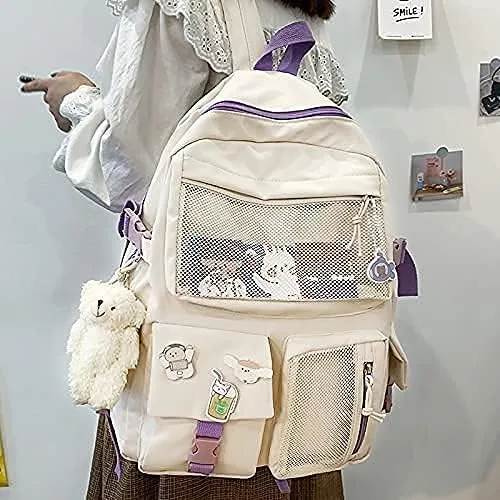 Vista 6 de Mochila kawaii con pin kawaii y accesorios, bonita mochila kawaii para mochila escolar, mochila kawaii para niña linda, Ivory, L, Suave