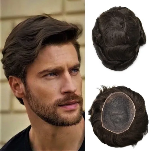 Vista 126 de PUNRU HAIR Completo Swiss Lace Toupee para hombres Sistema de cabello humano real Sistema de reemplazo de cabello humano para hombre Toupee