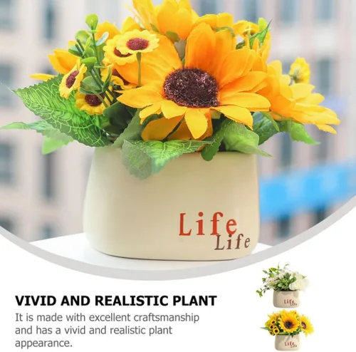 Vista 2 de HOMSFOU Planta simulada de girasol en maceta, 2 piezas, decoración de bonsái artificial para interiores para sala de estar, centro de mesa