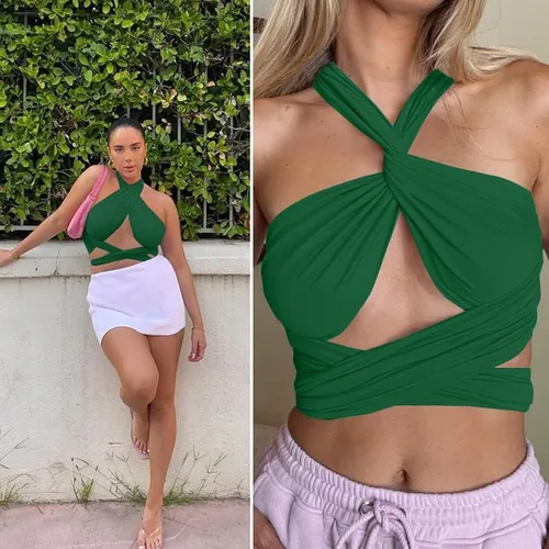 Vista 4 de ZAFUL - Ombliguera cruzada estilo halter de tejido acanalado para mujer camiseta sin mangas tipo con diseño fruncido y con lazos