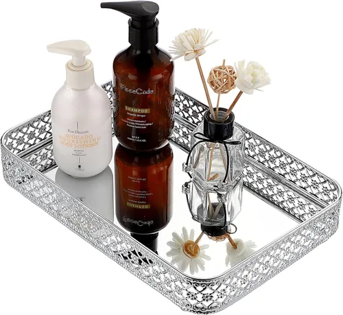 Vista 13 de ELLDOO - Bandeja negra para perfumes y maquillaje, bandeja de joyería con talla hueca, organizador de vidrio y metal para baratijas para cómoda