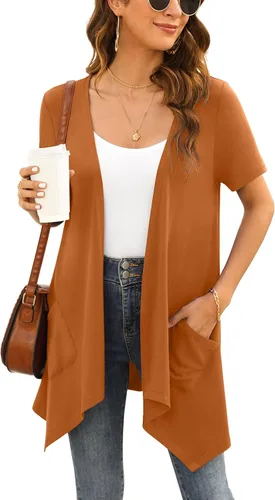 Vista 2 de Cárdigan floral de manga corta para mujer, casual, drapeado, frente abierto, ligero, cárdigan de verano con bolsillo, dobladillo alto y bajo