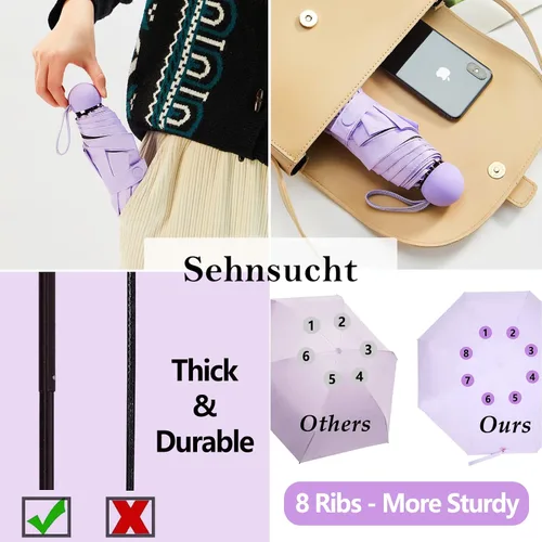 Vista 6 de Sehnschut - Sombrilla portátil de viaje con 8 costillas pequeña plegable plegable para sol y lluvia para mujer protección UV
