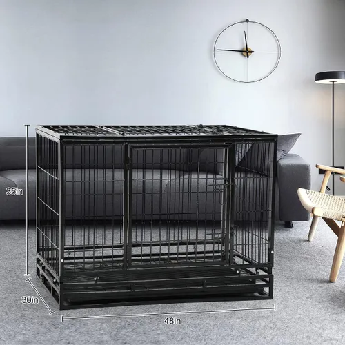 Vista 8 de Perrera para perros grande resistente con bandeja de plástico y ruedas, jaula XXL de 48 pulgadas para perros al aire libre con puertas dobles, cajas