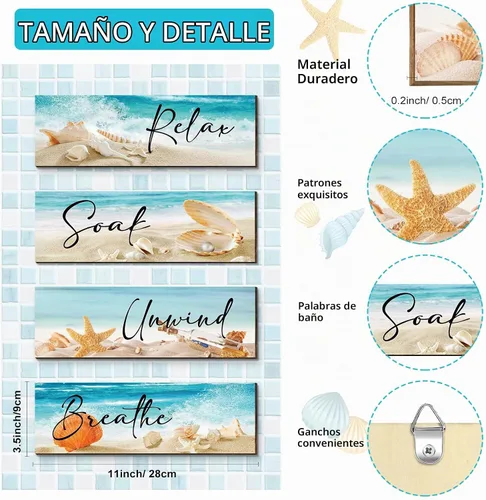 Vista 2 de 4 piezas de arte de pared de madera de playa, decoración de océano, relajarse, remojar y relajarse