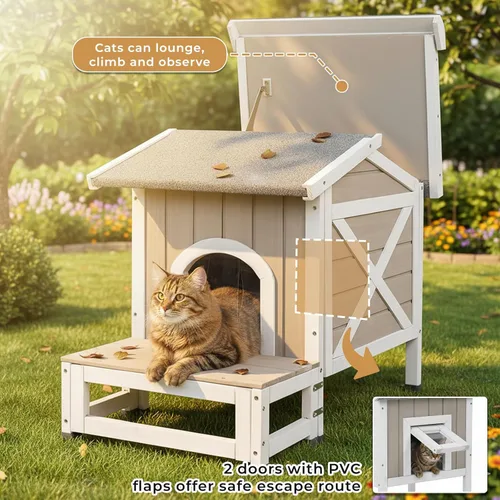 Vista 6 de Casa aislada para gatos al aire libre para invierno, refugio de madera resistente a la intemperie para gatos al aire libre y salvajes con puerta