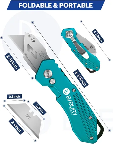 Vista 7 de BIBURY Cuchillo utilitario, cortador de caja plegable resistente, cuchillo cortador de alfombra de bolsillo con 10 cuchillas adicionales de acero