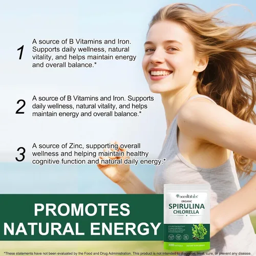 Vista 6 de Spirulina & Chlorella Supergreens Softgels, mezcla de Supergreens 17 en 1, proteína a base de plantas, naturalmente rica en clorofila, sin gluten