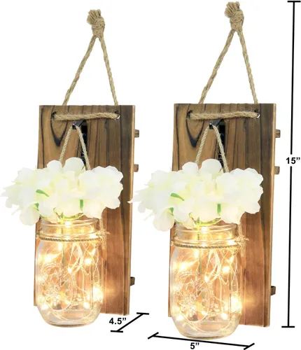 Vista 2 de Greenco GRC2859 - Aplique de pared con flor sintética y tira de luces LED, rústico