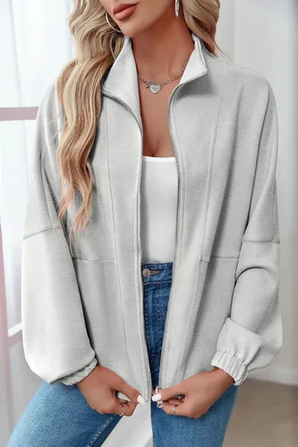 Vista 3 de Saodimallsu Chaquetas casuales con cremallera para mujer, manga larga, puños elásticos, con bolsillos