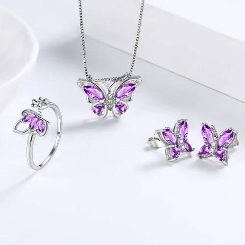 Vista 2 de Aurora Tears Butterfly Jewelry,Women 925 Sterling Silver Butterflies Birthstone Pendant NecklaceEarringsRings Wedding Gift