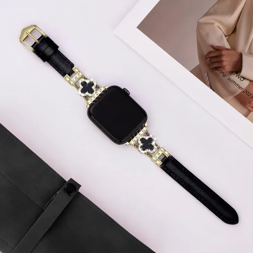 Vista 3 de Correa de cuero compatible con Apple Watch para mujeres de 38 mm, 40 mm, 41 mm, 42 mm, Series 10, 9, 8, SE, 7, 6, 5, 4, 3, 2, 1 1 oro/negro