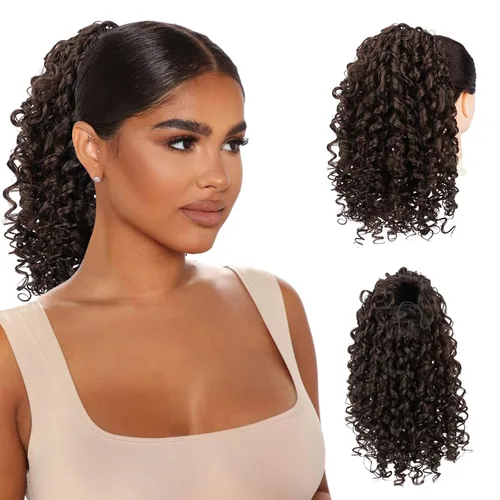 Vista 17 de PEACOCO Extensión de cola de caballo rizada con cordón para mujeres negras - Cola de caballo de 6 pulgadas con clip, postizo sintético de afro corto