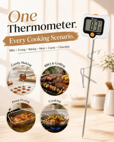 Vista 6 de Termómetro digital de caramelo con pantalla LED giratoria de 180°, sonda de acero inoxidable 304, escudo térmico, 2 clips de olla, termómetro