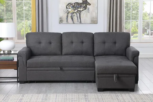 Vista 3 de Sofá cama modular convertible en forma de L de 84 pulgadas, sofá esquinero reversible tapizado de lino, sofá para 3 personas con diván