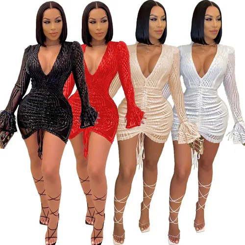 Vista 3 de Cocoinsity Vestido de fiesta corto con purpurina de manga larga para mujer