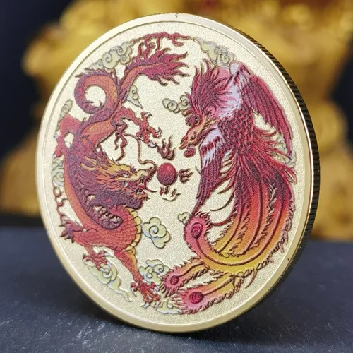 Vista 3 de Colorido dragón chino y fénix moneda de la suerte - Rascador de boletos de lotería - Atrae buena fortuna - Moneda de desafío de buena suerte