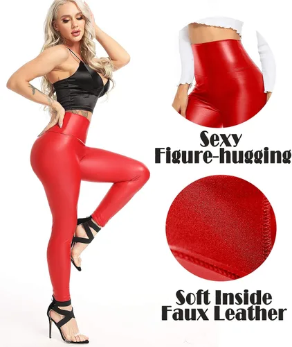 Vista 5 de KIWI RATA - Leggings de piel sintética de poliuretano cintura alta para mujer con levantamiento de glúteos color negro sexy para deportes yoga uso