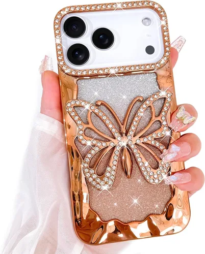 Vista 35 de Bonoma Funda con purpurina para iPhone 13 Pro Max, bonita funda 3D con patrón de chapado en degradado de mariposa de diamante, protección de cámara