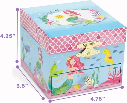 Vista 3 de Jewelkeeper Joyero musical de sirena para niña, diseño subacuático, cajón extraíble sobre las olas