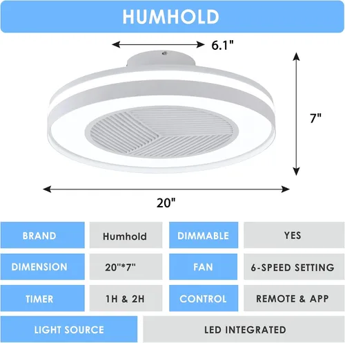 Vista 6 de Ventiladores de techo inteligentes de bajo perfil con control remoto/APP de 3 luces regulables, ventiladores de techo sin aspas de 20" con 6