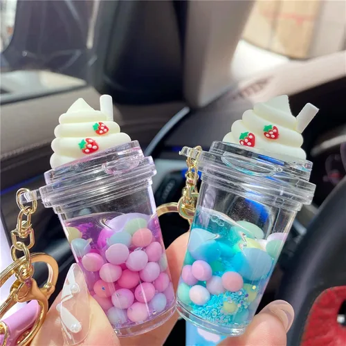 Vista 3 de Xinbalove Lindas bolsas de botella de helado para muñeca con colgante de llavero de coche para niños, niñas y mujeres, llavero flotante de jalea